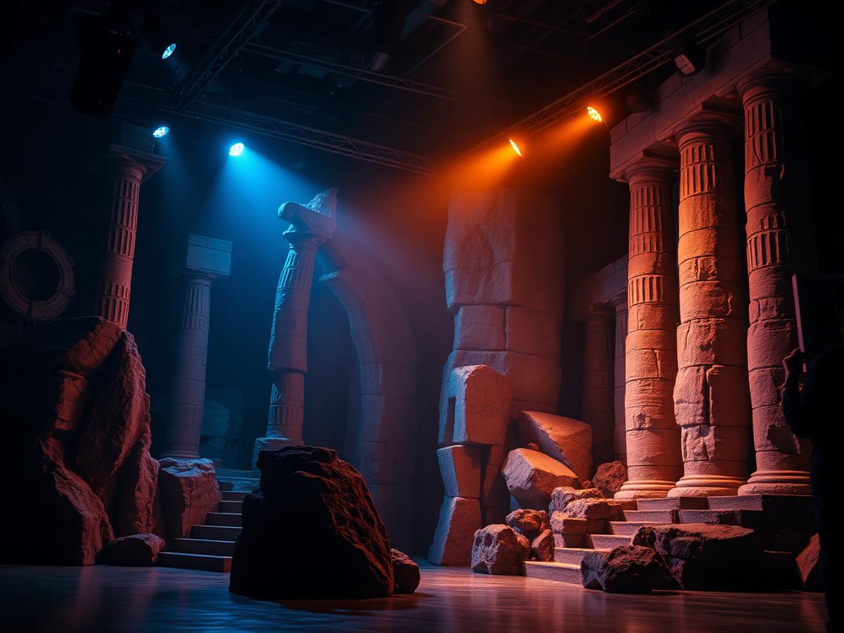Carved foam set pieces and columns lit on a film soundstage