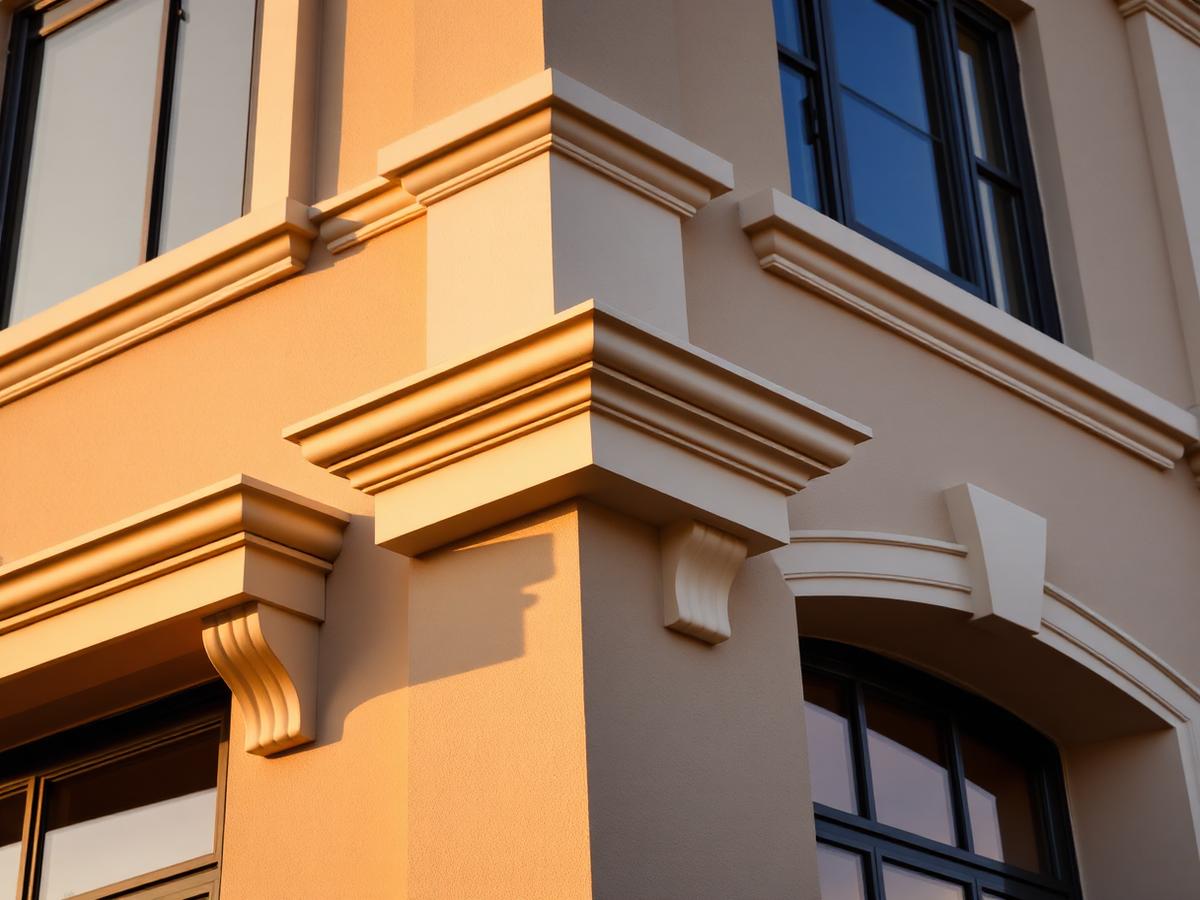 Foam cornices and window surrounds installed on a stucco facade